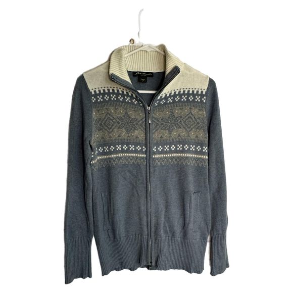 Eddie Bauer Blue & White Winter Design Zip Up Sweater, Medium, Pre-owned - Picture 1 of 6